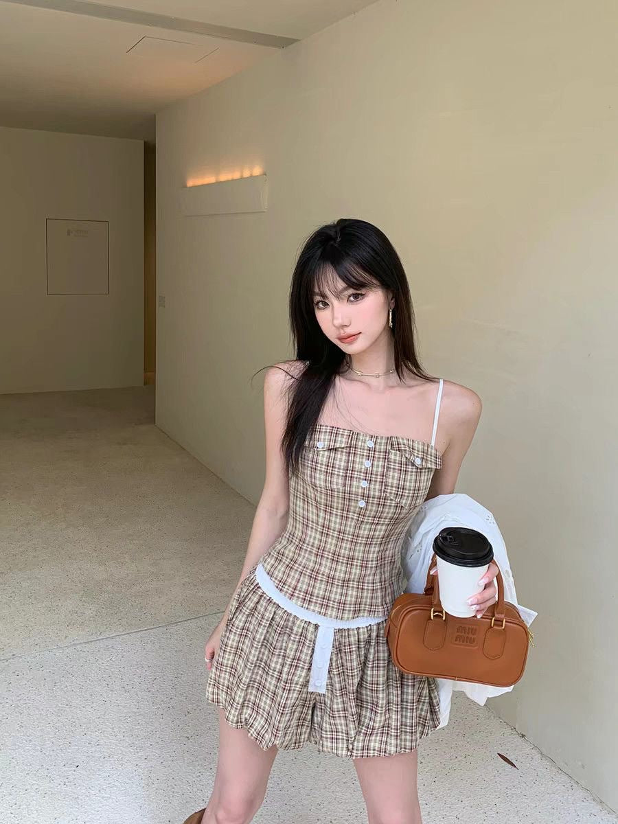 Khaki Grid Top + Skort Two Piece Set