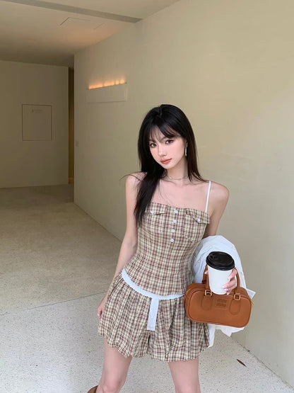 Khaki Grid Top + Skort Two Piece Set