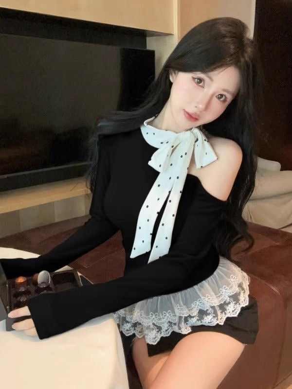 Polka Dots Off Size shoulder Long Sleeve Top