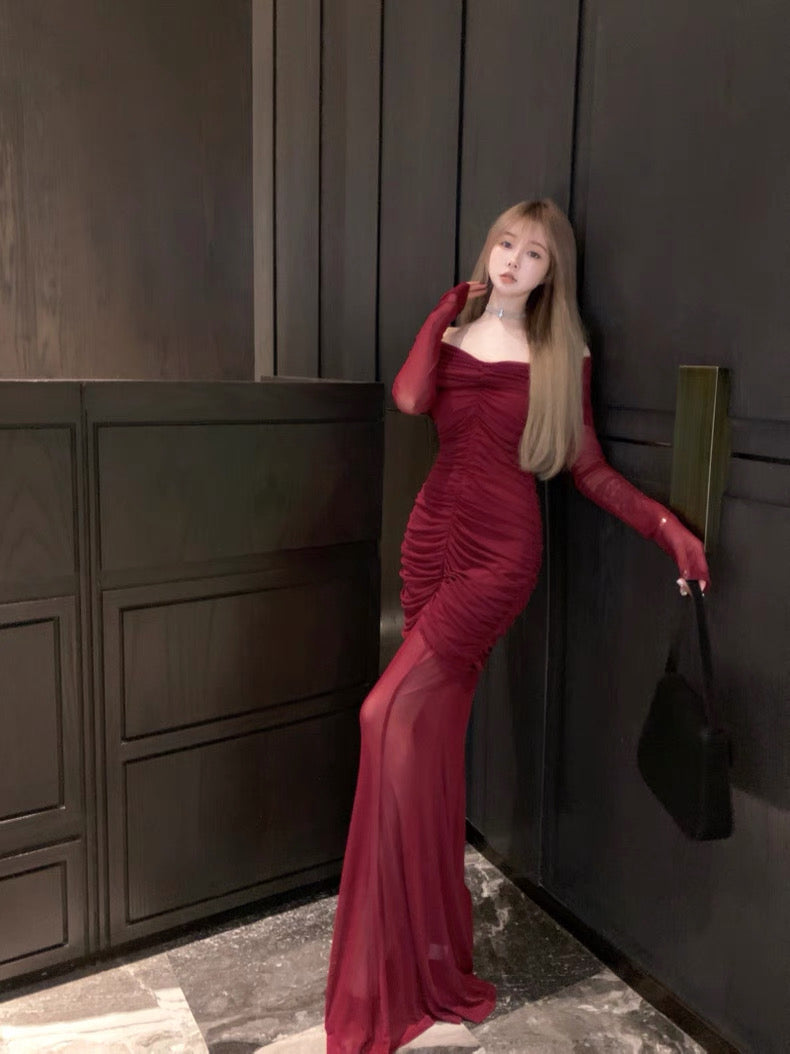 Wine Red Off Shoulder Mesh Dress