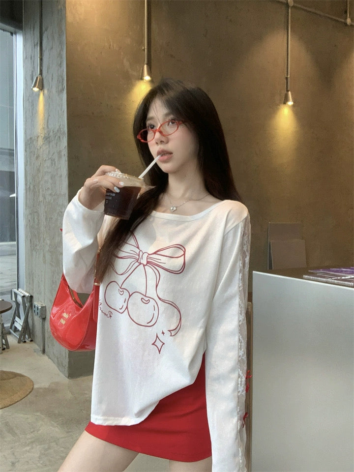 Red Ribbon White Long Sleeve Top