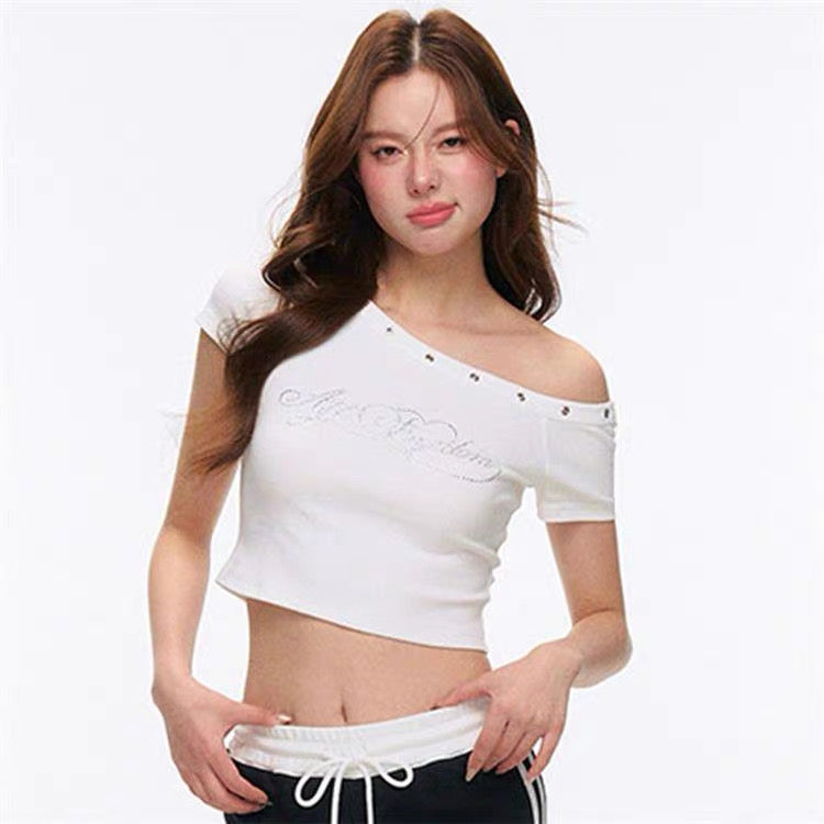 White Off Side Shoulder Diamond Print Top