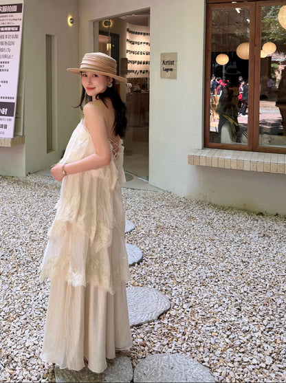 Chiffon Mix Lace Thin Bareback Long Dress