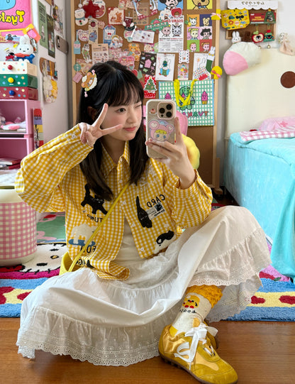 Cute Print Ginham Long Sleeve Shirt (Blue, Yellow)