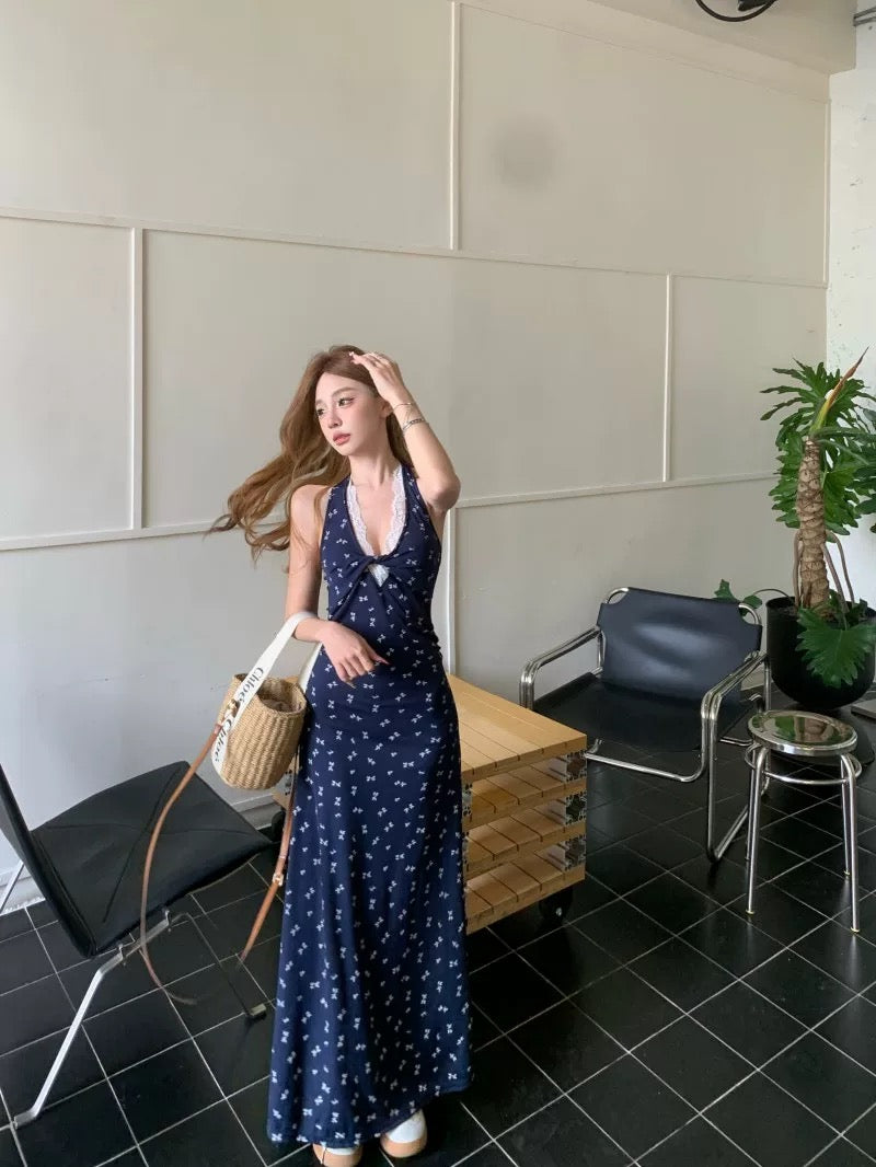 Round Collar Navy Long Dress (S)