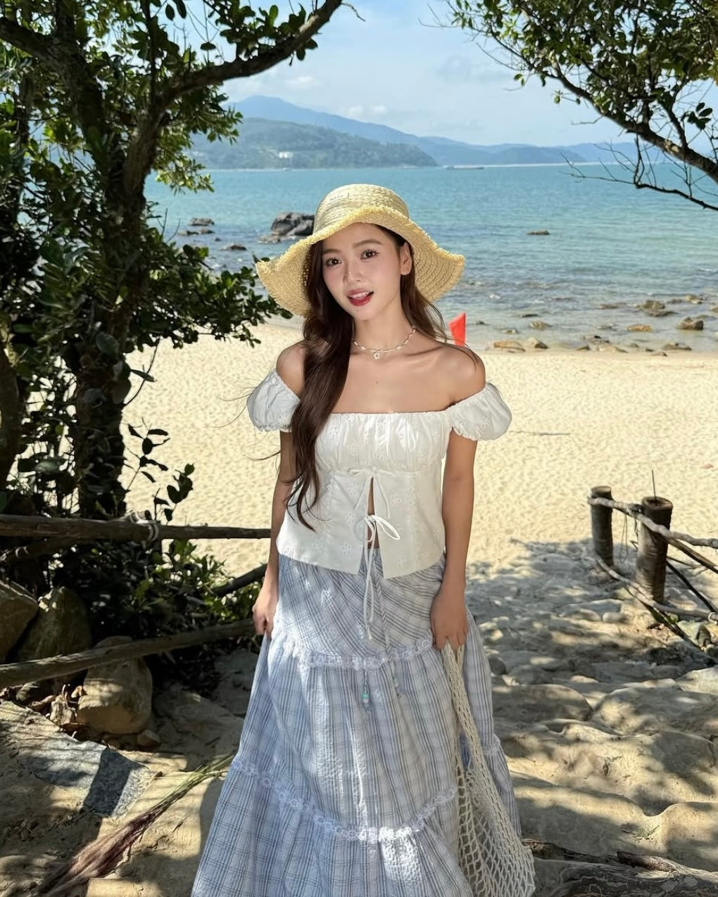White Top + Blue Long Skirt Two Piece Set