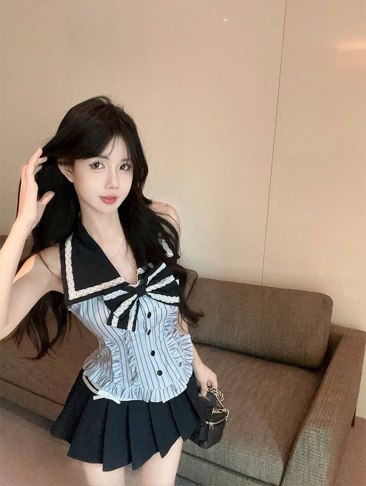 Uni Collar Top + Skirt Two Pieces Set (S, M)