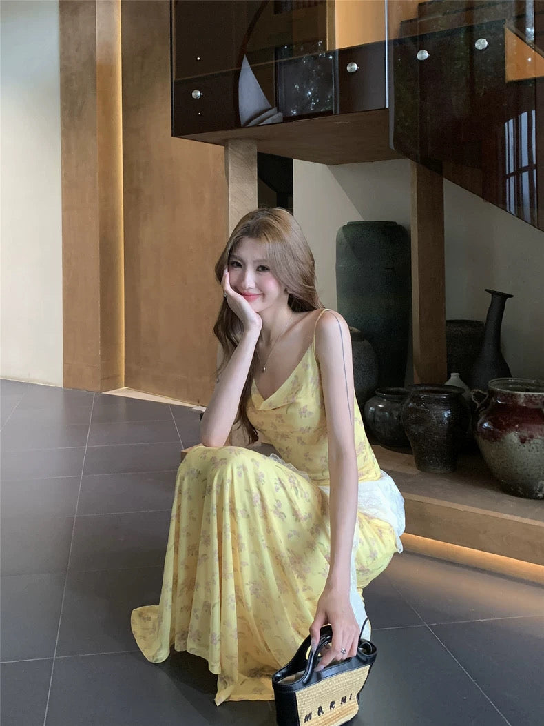 Mini Floral Yellow Mesh Maxi Dress