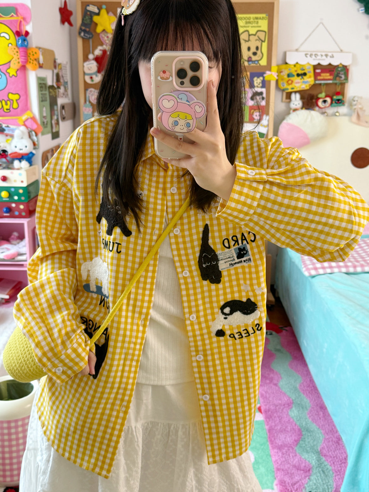 Cute Print Ginham Long Sleeve Shirt (Blue, Yellow)