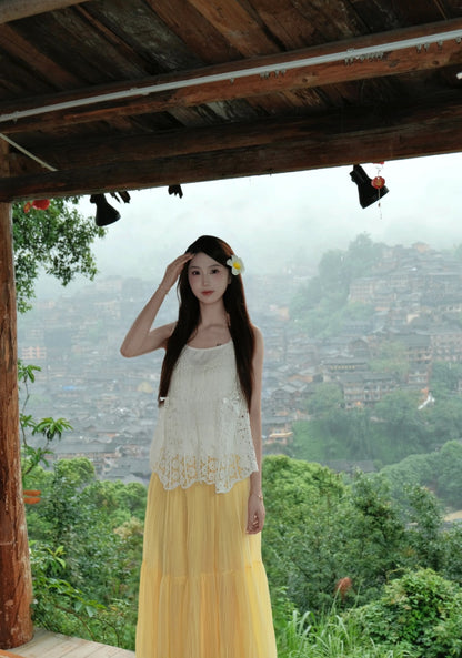 Embroidery White Top + Inner Top + Yellow Skirt Three Piece Set