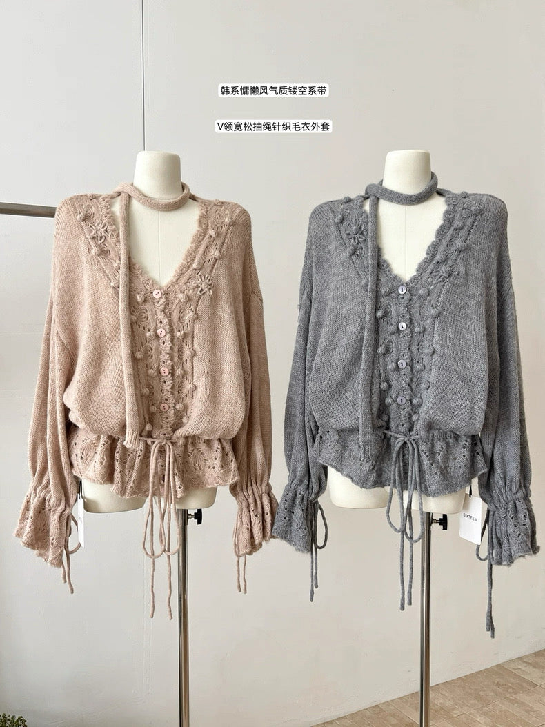 Lantern Sleeve Knitted Cardigan Top