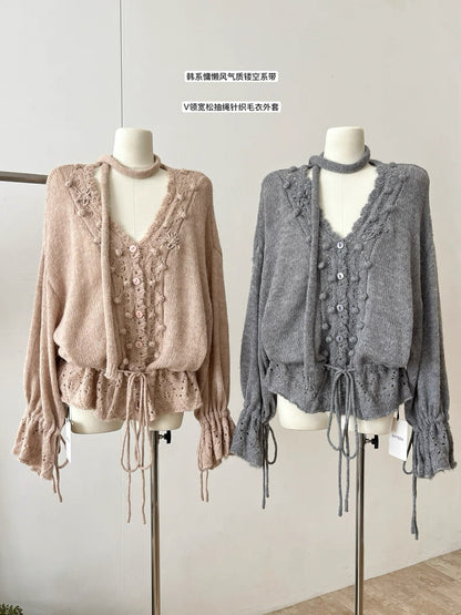 Lantern Sleeve Knitted Cardigan Top