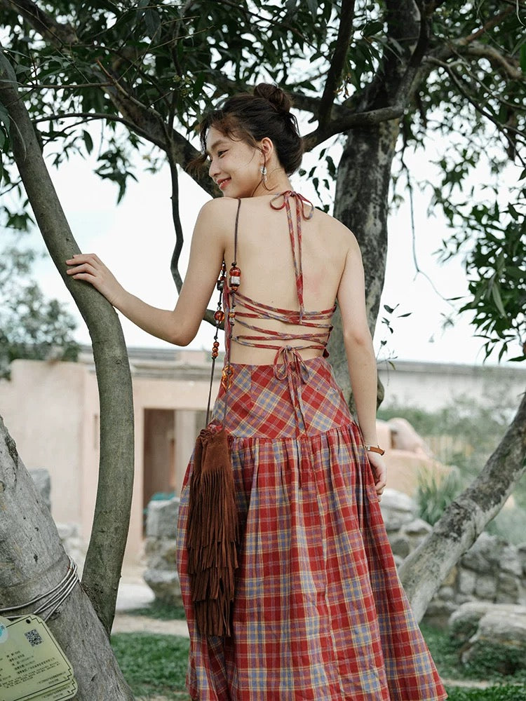 Grid Red Long Dress
