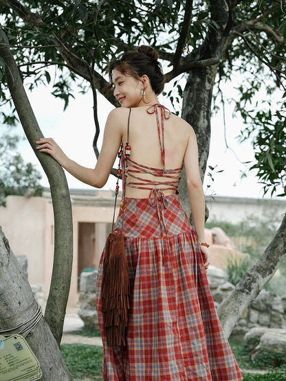 Grid Red Long Dress