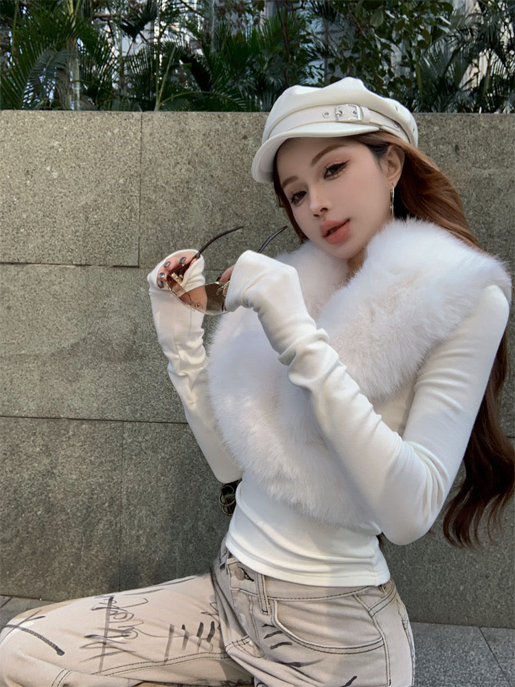 Furry Collar Knitted Long Sleeve Top (Black, White)