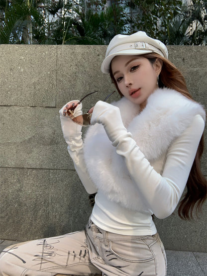Furry Collar Knitted Long Sleeve Top (Black, White)