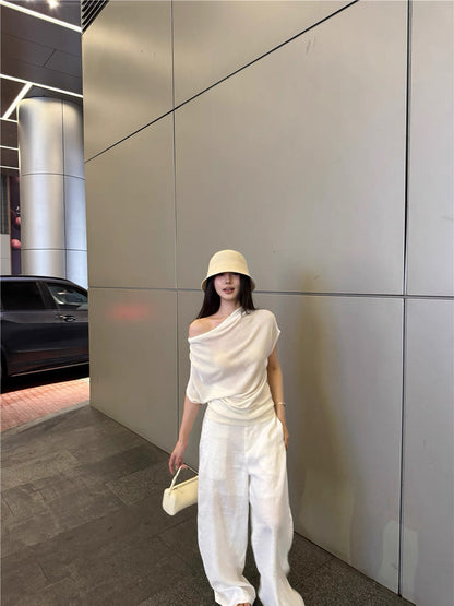 Off Shoulder Collar Top (Beige, Blue)