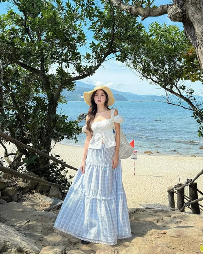 White Top + Blue Long Skirt Two Piece Set