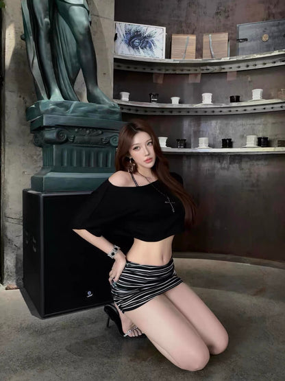 Black Top + Stripe Shorts Skirt Set
