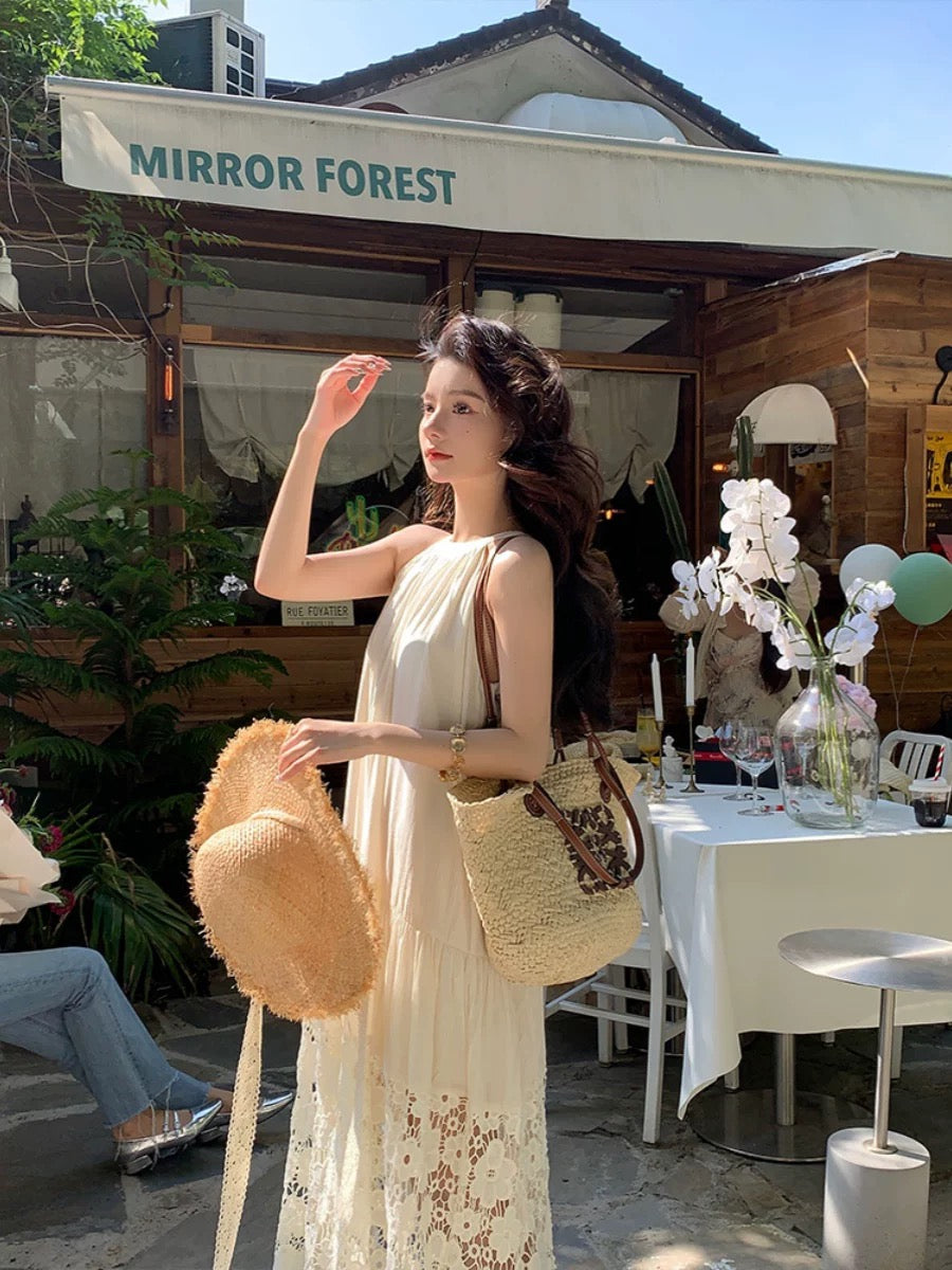 Beige Embroidery Floral Long Dress