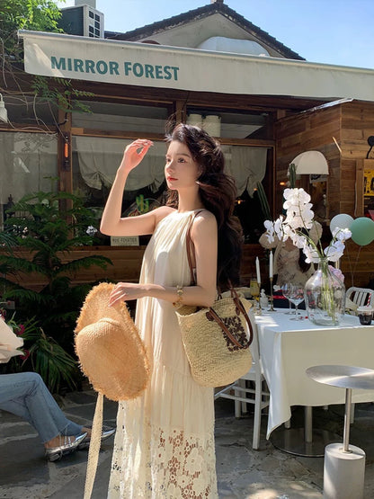 Beige Embroidery Floral Long Dress