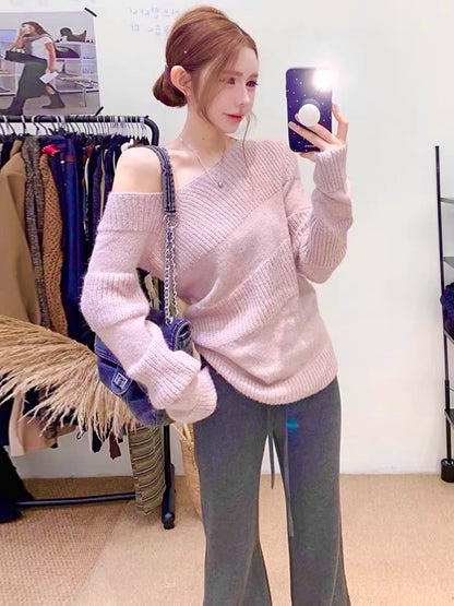 Purple Pink Off Side Shoulder Long Sleeve Knitted Top