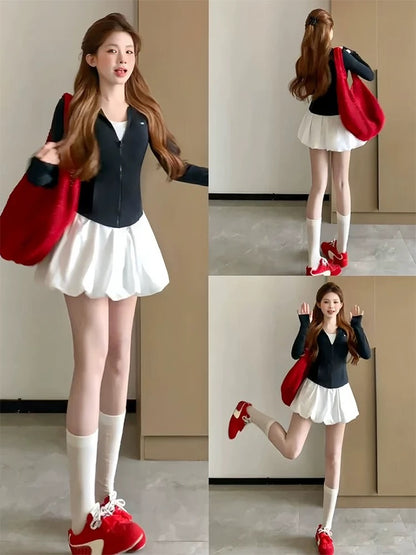 High Waist Lantern Skort Skirt SK12 (Pink, White)
