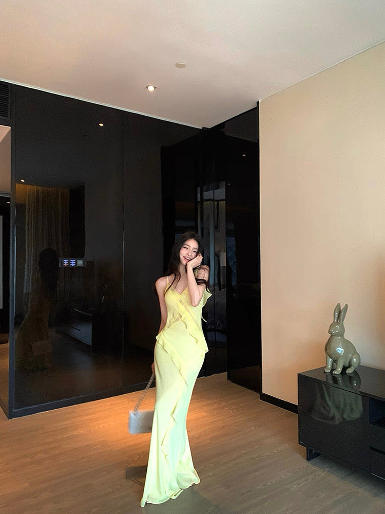 Side Flare Strap Mix Lace Long Dress (Yellow, Black)