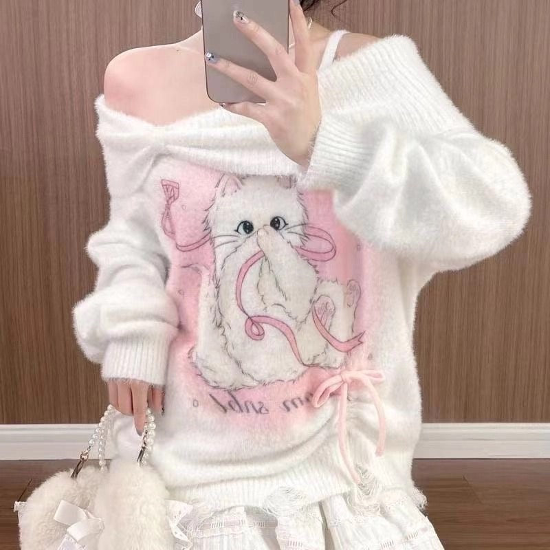 Off Shoulder White Pink Kitty Knitted Top