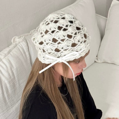 White Ribbon Knitted Embroidery Hat