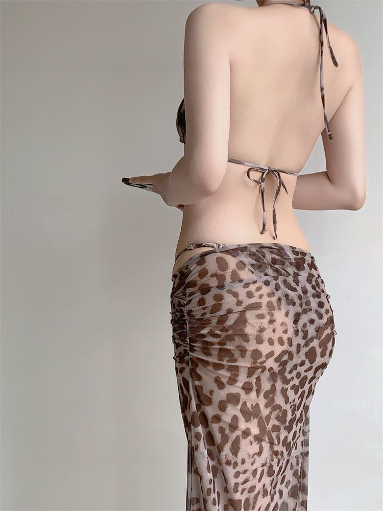 Leopard Bikini + Skirt + Top BK55 Four Piece Set