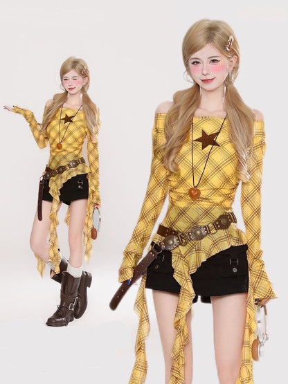 Grid Star Off Shoulder Long Sleeve Mesh Top