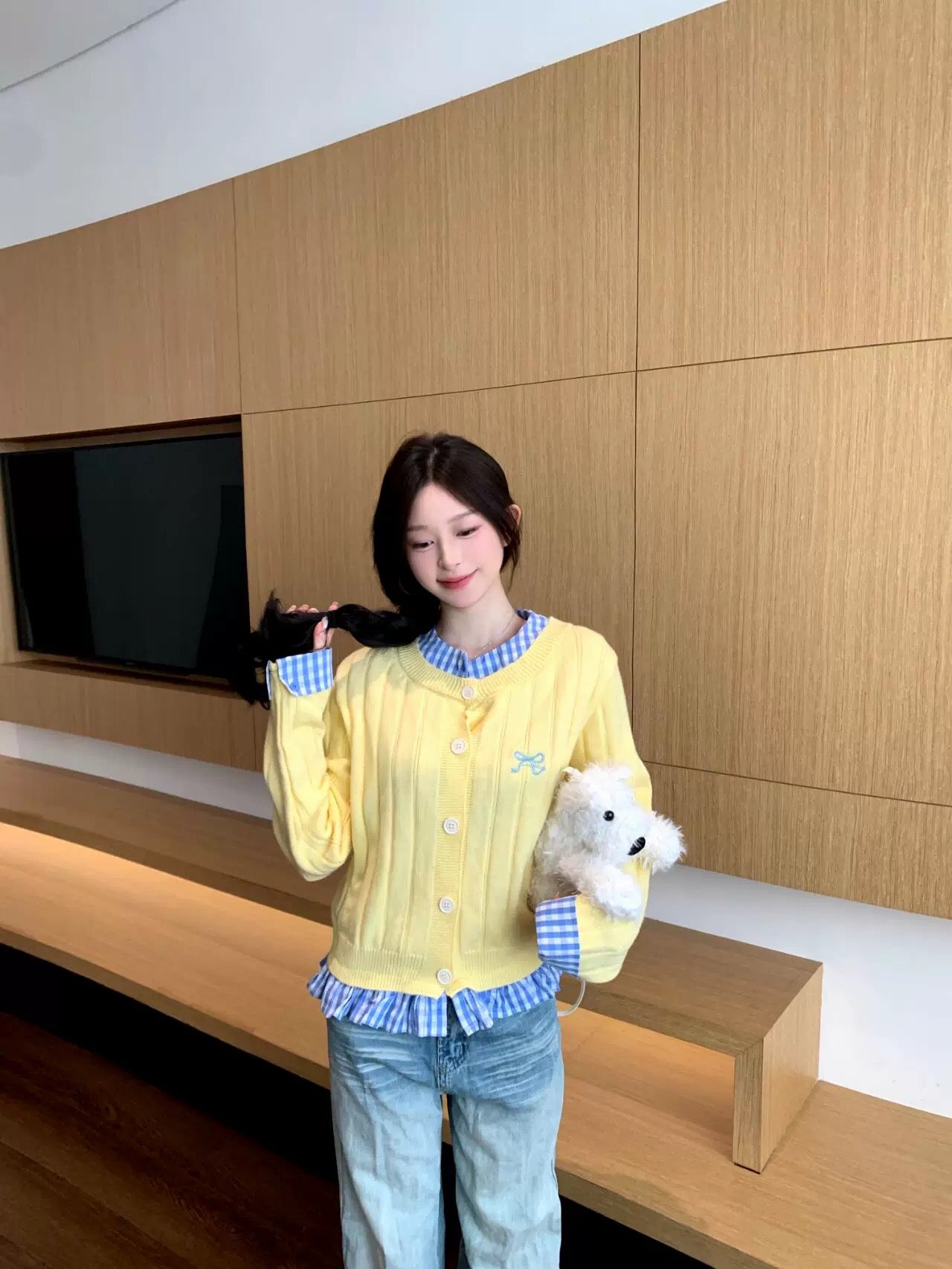 Ginham Collar Thick Yellow Long Sleeve Knitted Top