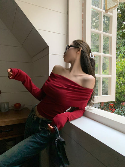 Off Shoulder Wine Red Long Sleeve Top