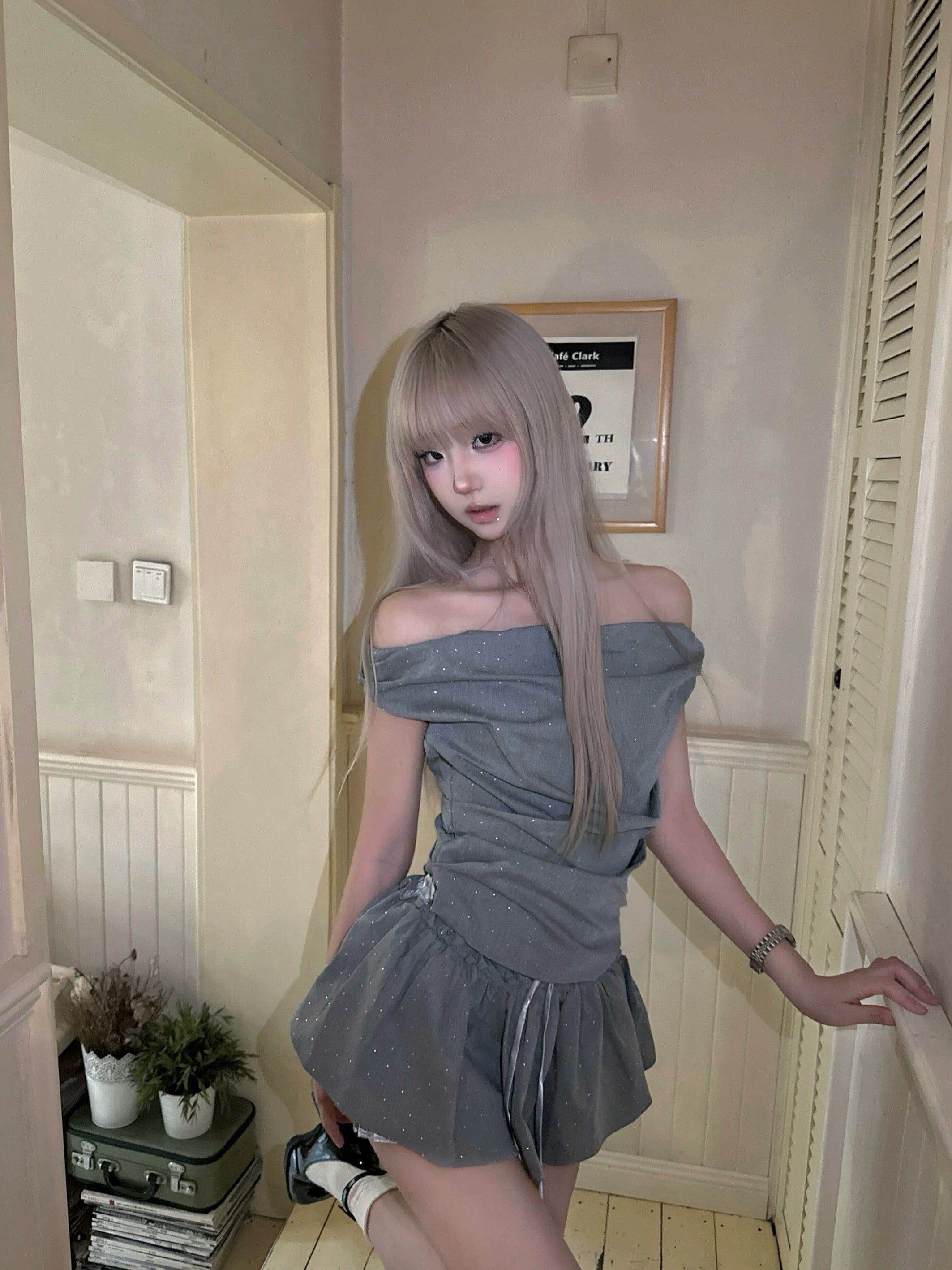 Grey Top + Skirt Two Pieces Set