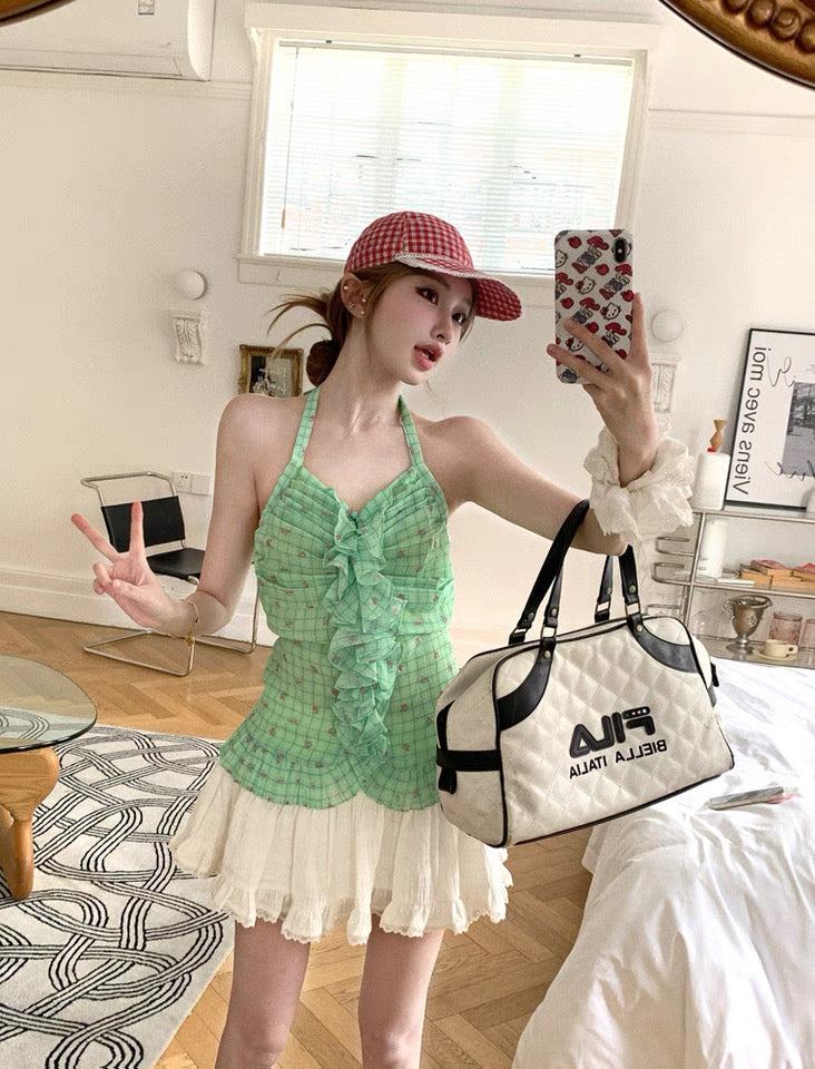 Pink Flo Ruffles Green Top