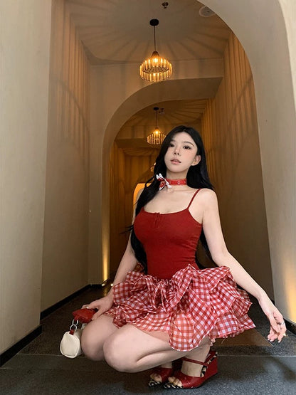 Red Top + Ginham Mesh Mini Skirt SK16