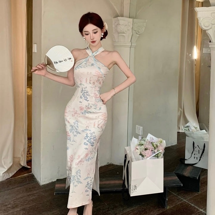 Cream Flo Sleeveless Cheongsam Long Dress (S, M)