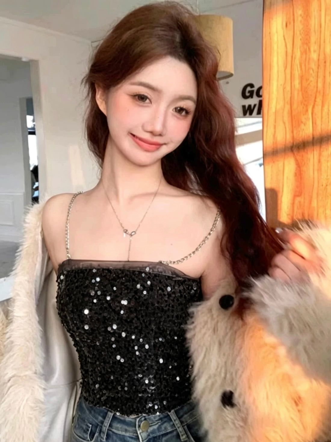 Shiny Strap Mesh Tube Top