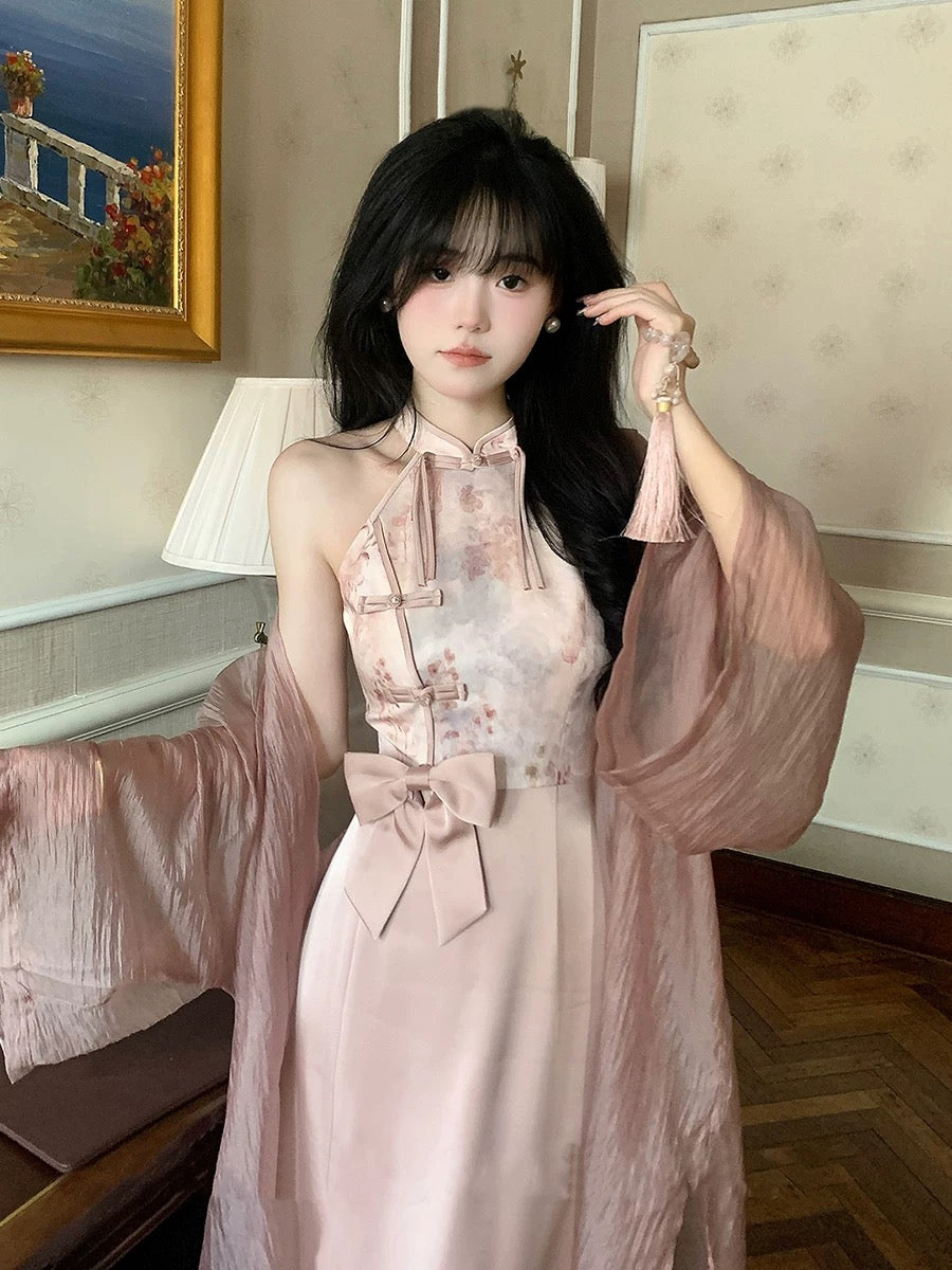 Pink Ribbon Sleeveless Cheongsam Long Dress (M)