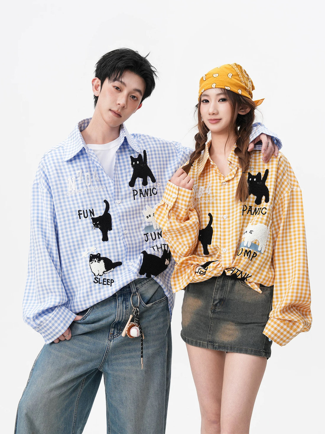Cute Print Ginham Long Sleeve Shirt (Blue, Yellow)