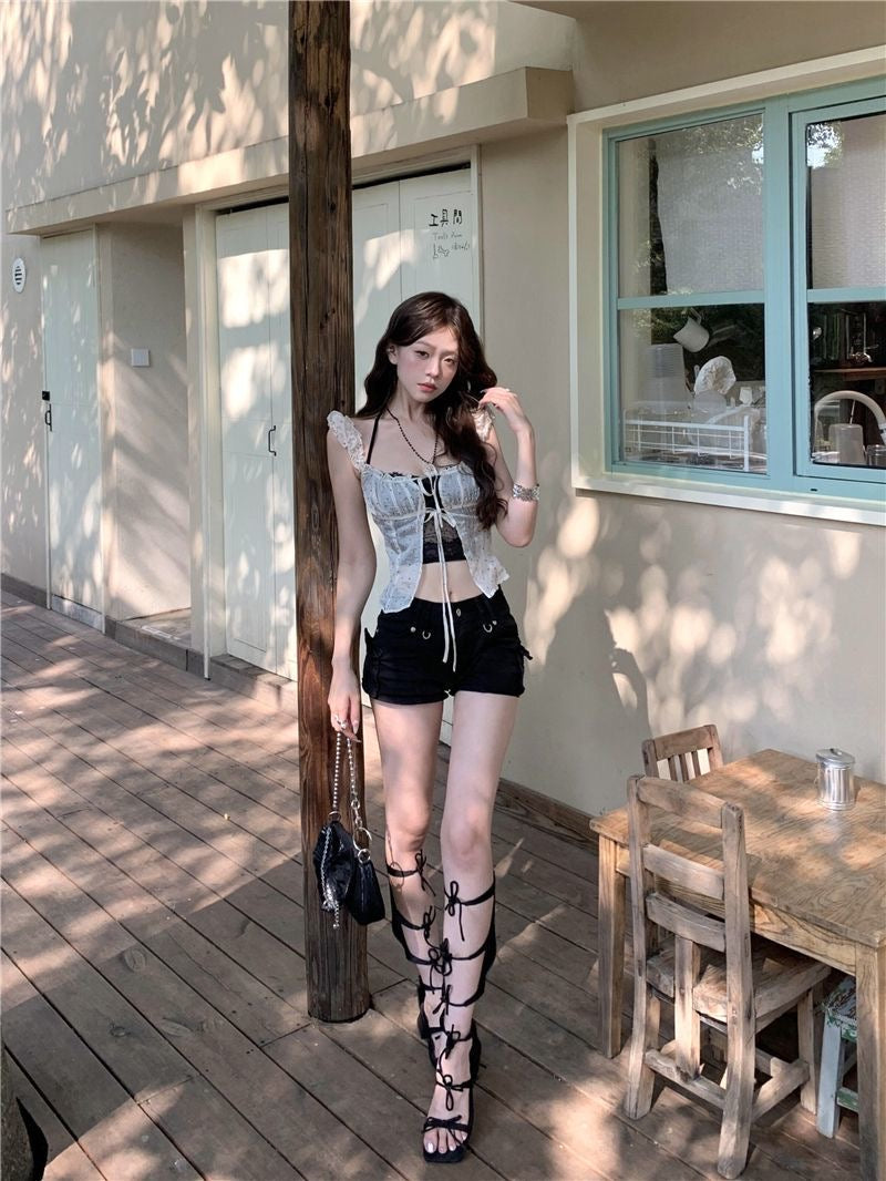 Black Inner Top + Cream Mesh Top Set