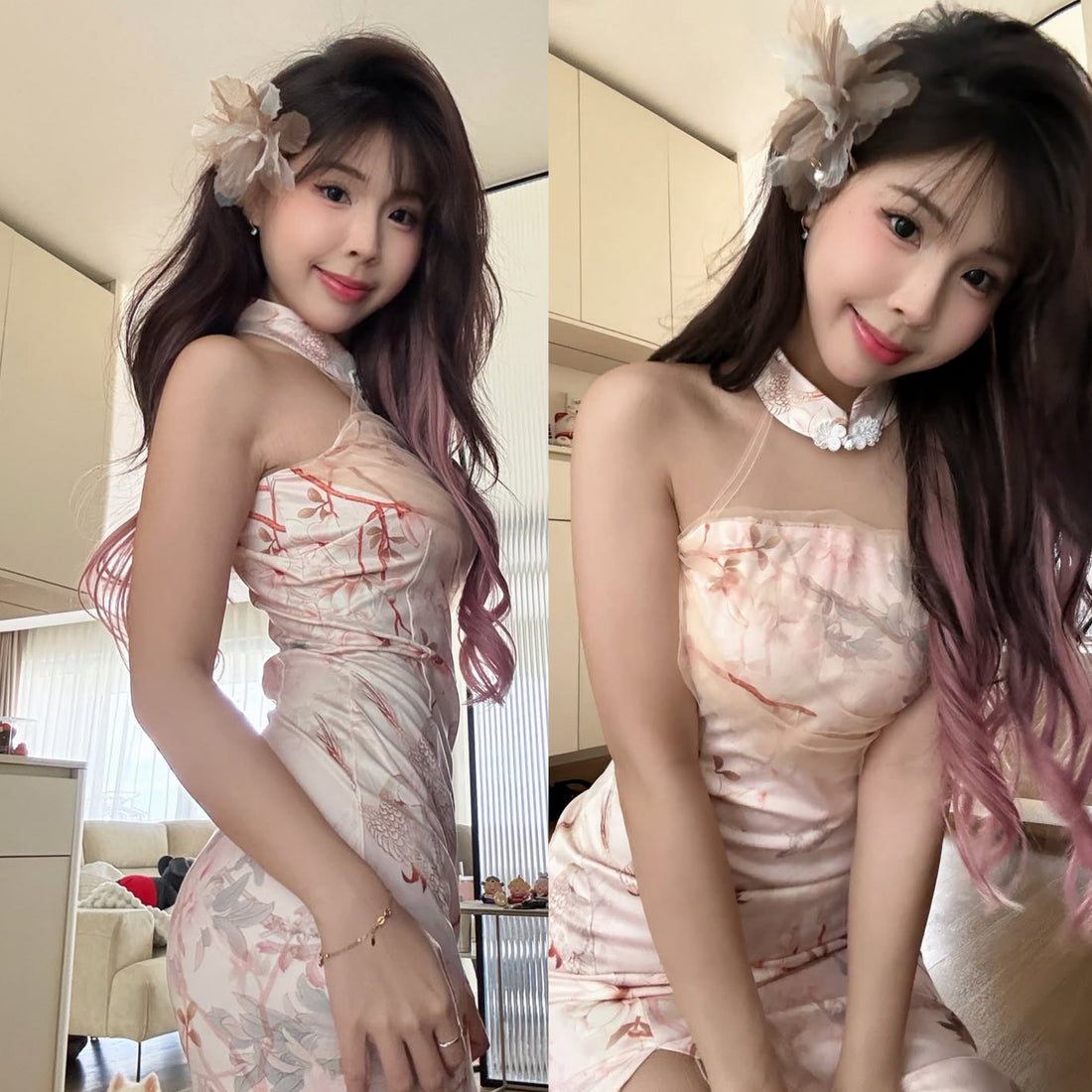 Floral Peach Halter Collar Cheongsam Long Dress (S, M)