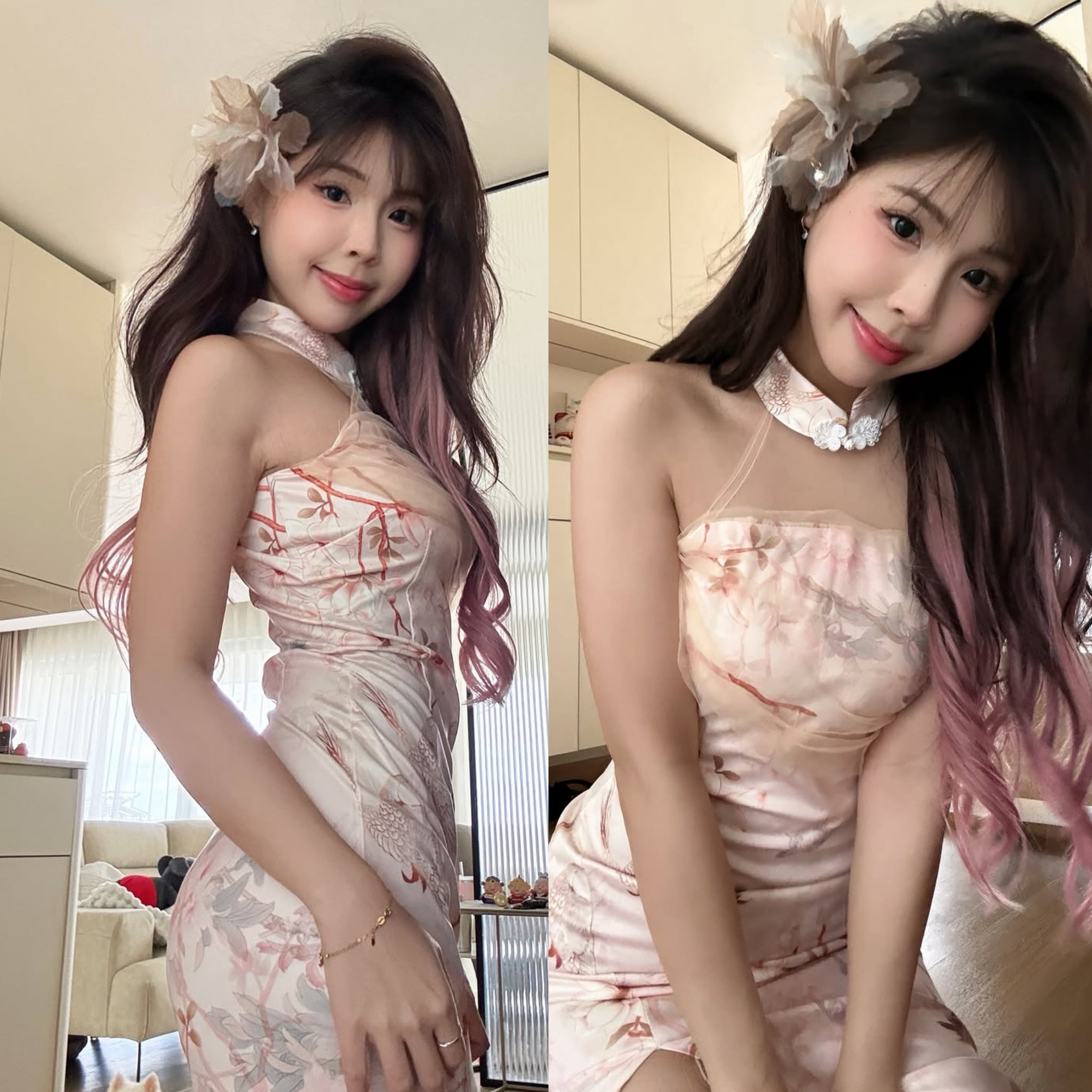 Floral Peach Halter Collar Cheongsam Long Dress (S, M)