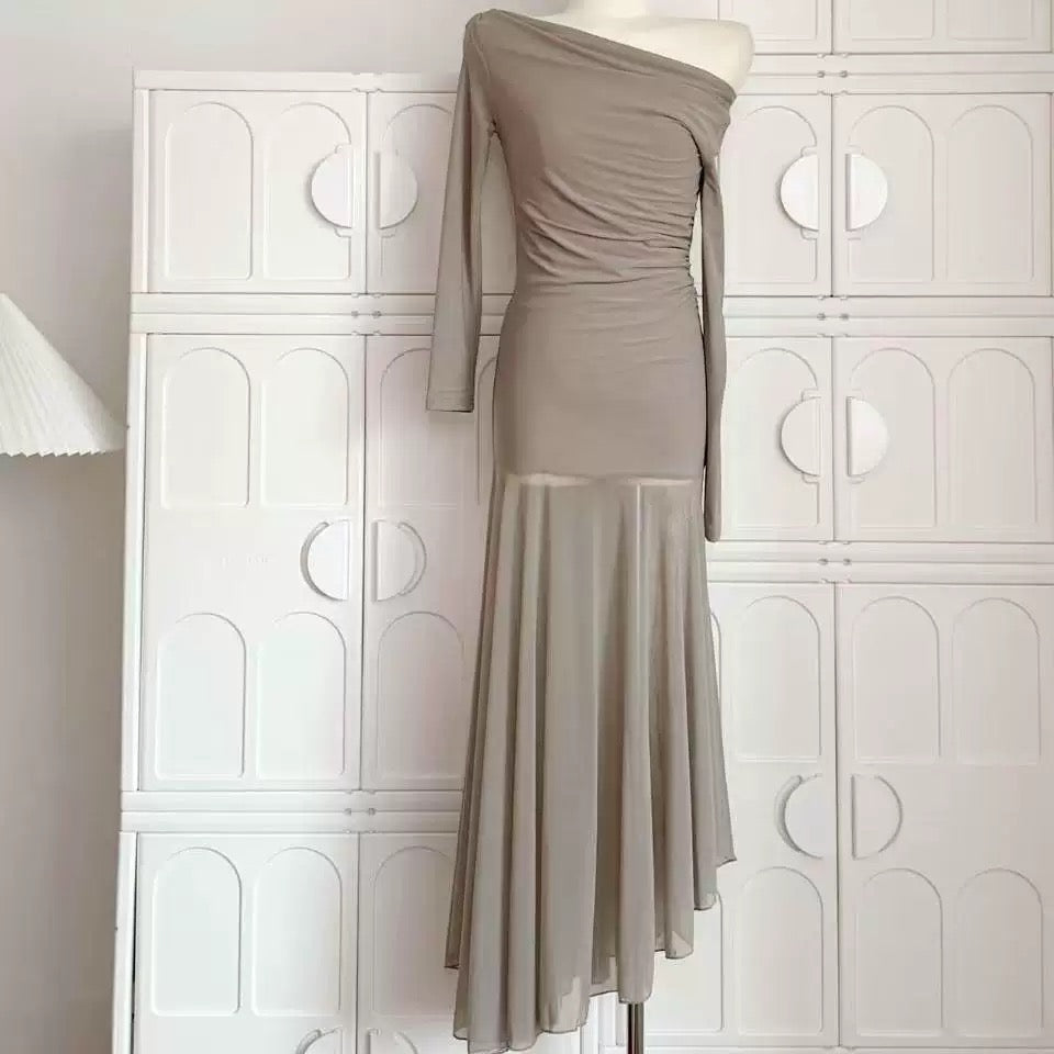 Off Shoulder Mix Mesh Long Sleeve Long Dress