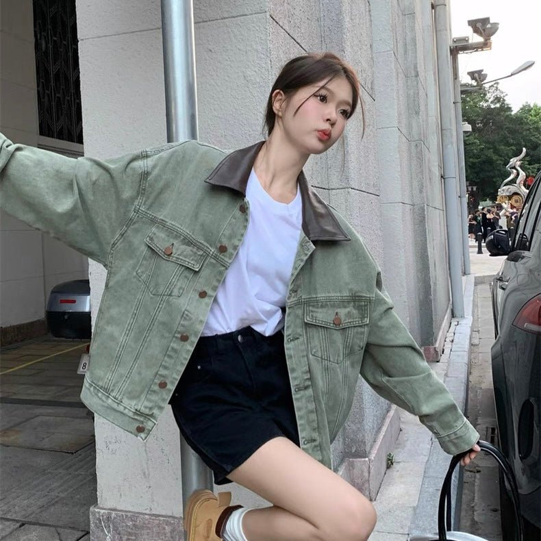 Army Green Denim PU Leather Collar Jacket