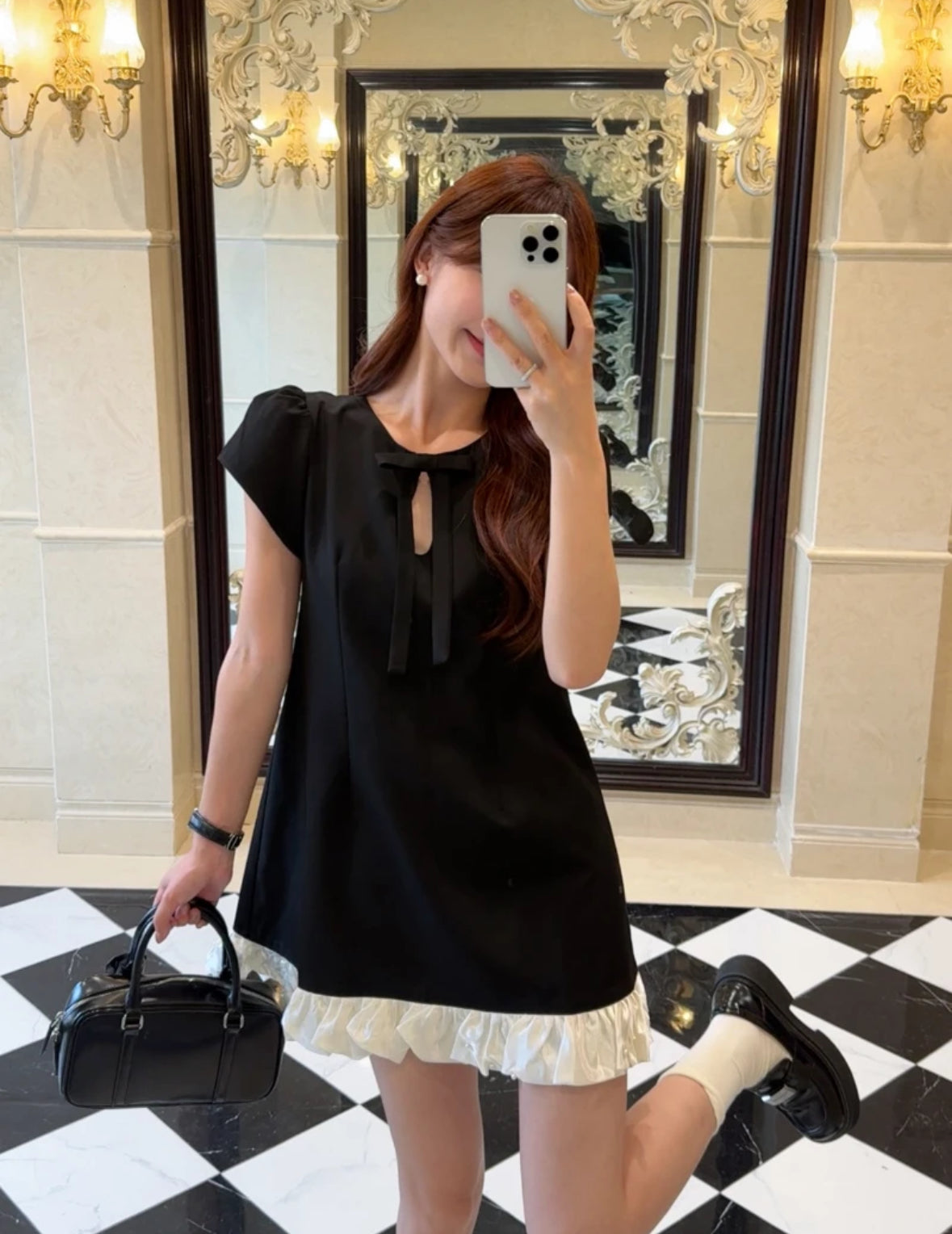 Puff Sleeve Dress (Black, Grey)