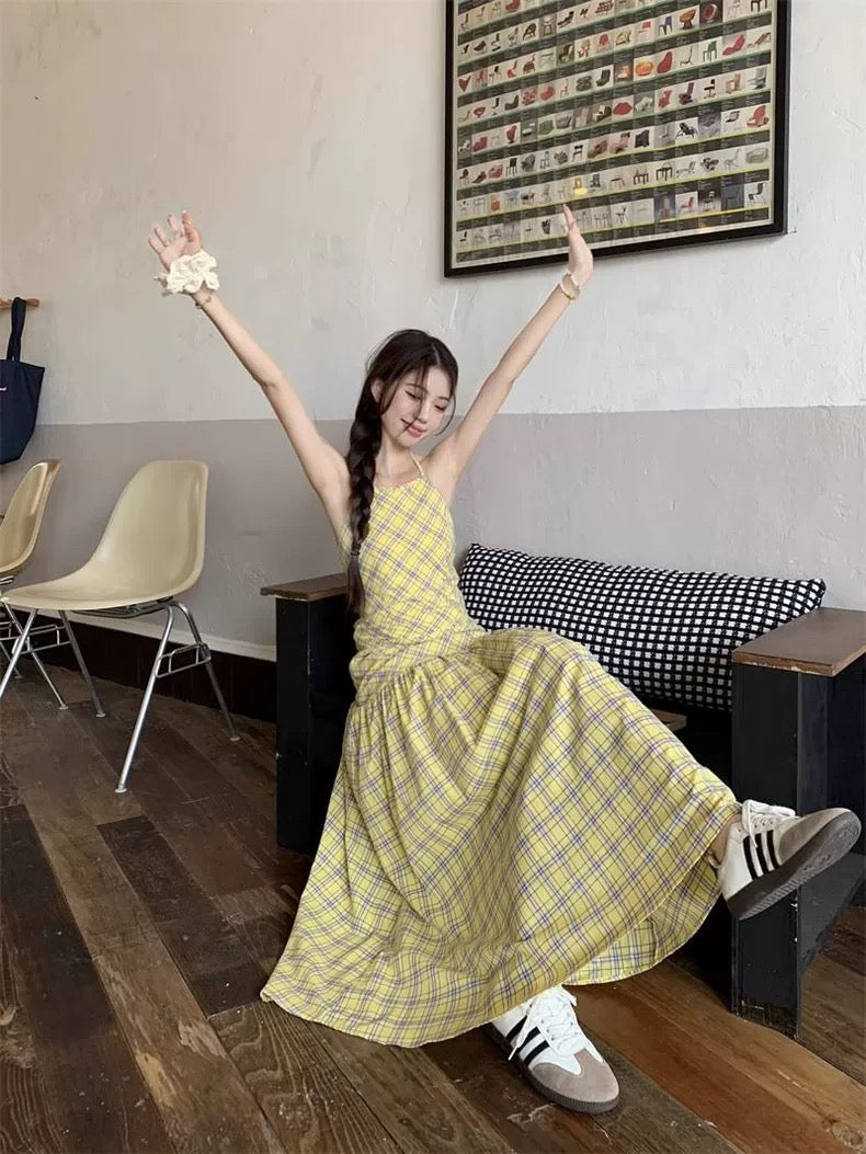 Grid Yellow Long Dress