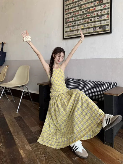 Grid Yellow Long Dress