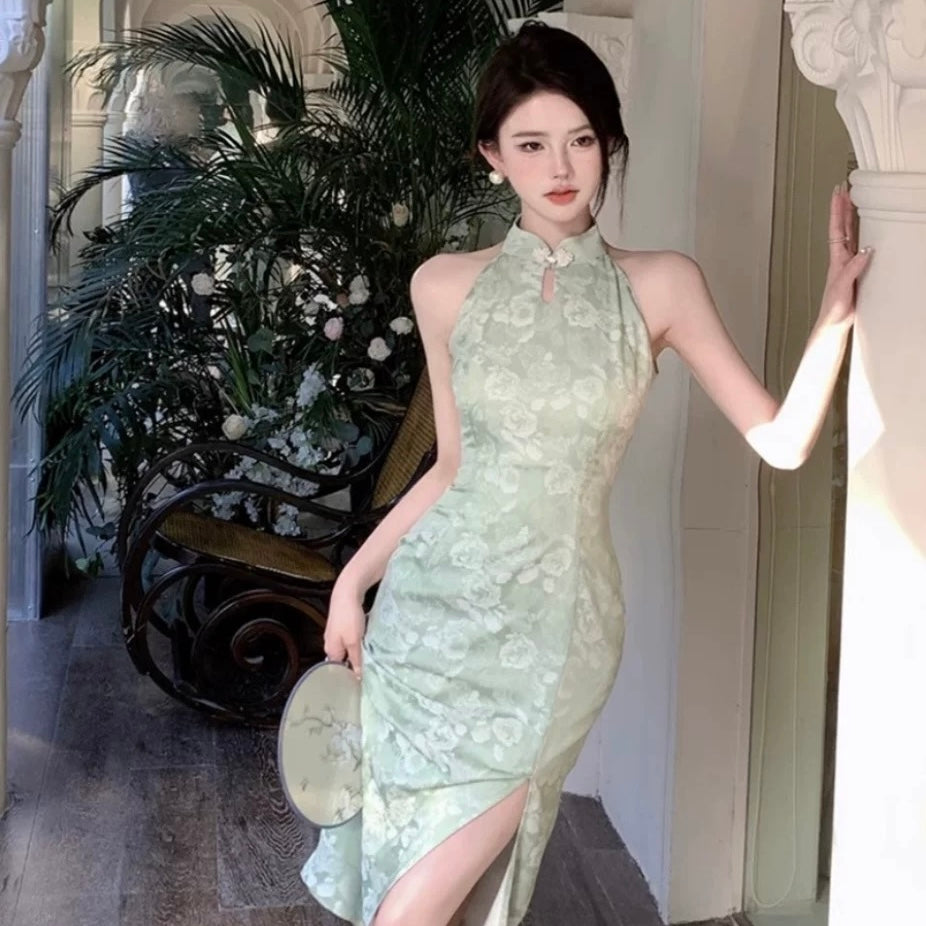 Green Silk Sleeveless Cheongsam Long Dress